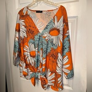 Sucrefas Women's 2XL Top Blouse Sunny Orange Floral V Neck Knot Hem